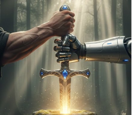 Human and machine hand holding a sword together